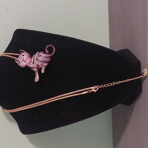 Betsey Johnson Purple Rhinestone Cat Brooch Pendant Necklace 26" - Picture 4 of 17